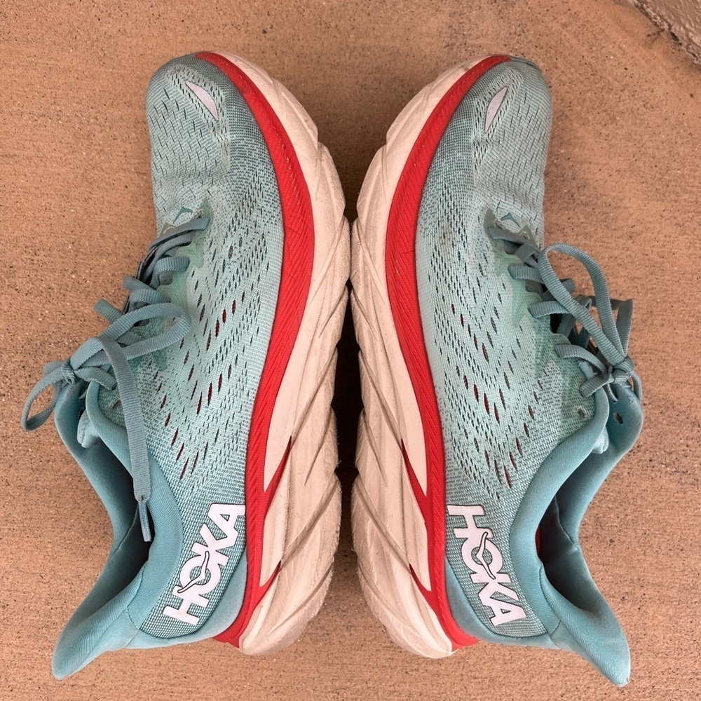 HOKA CLIFTON 8 Aqua Blue Orange Women’s 9.5 D Sneaker Running Shoe Comfy - Picture 2 of 11